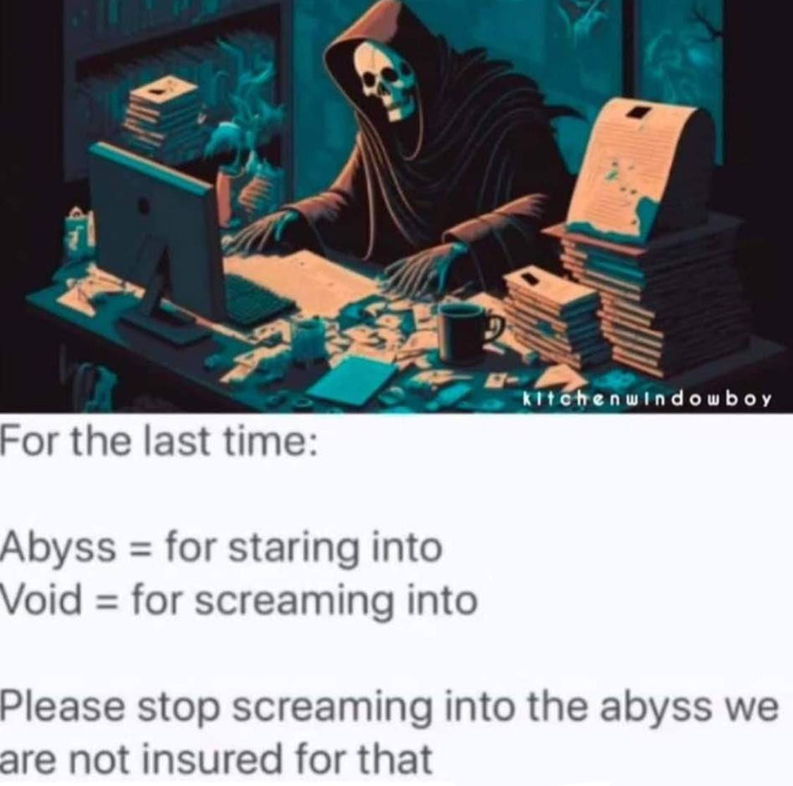 For the last time: abyss is for staring into, void is for screaming into. Please stop screaming int the abyss, we are not insured for that.